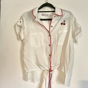 Billy T cherry embroidered tie-front button up linen shirt